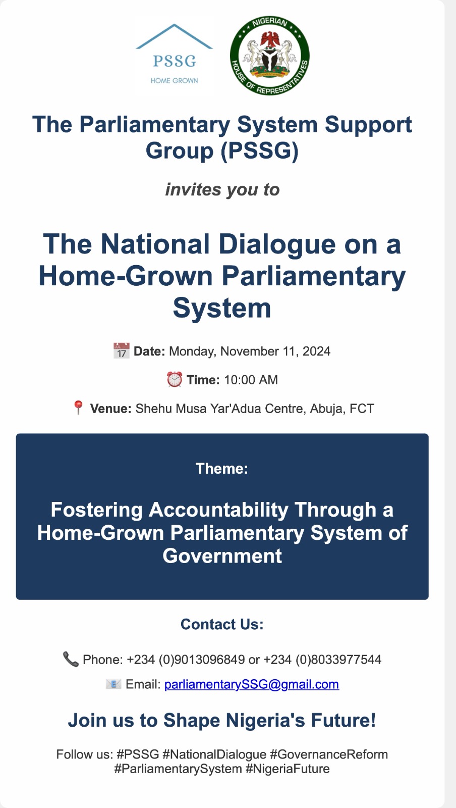 Parliamentary System Support Group to Host National Dialogue on Homegrown Parliamentary System