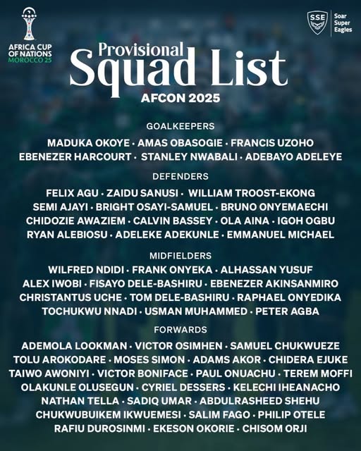 Nigeria Releases Provisional Squad for 2025 AFCON