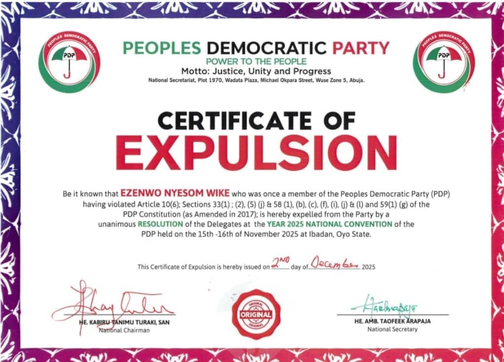 PDP Sends Expulsion Certificates to Wike, Fayose, Anyanwu and Others